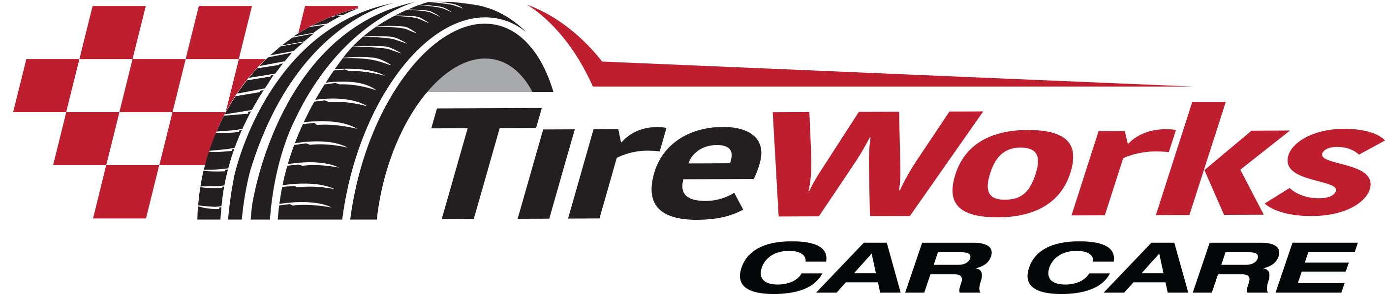 The logo features "TireWorks Car Care" in bold, red and black letters with a checkered flag pattern and a stylized tire, emphasizing speed and automotive services.