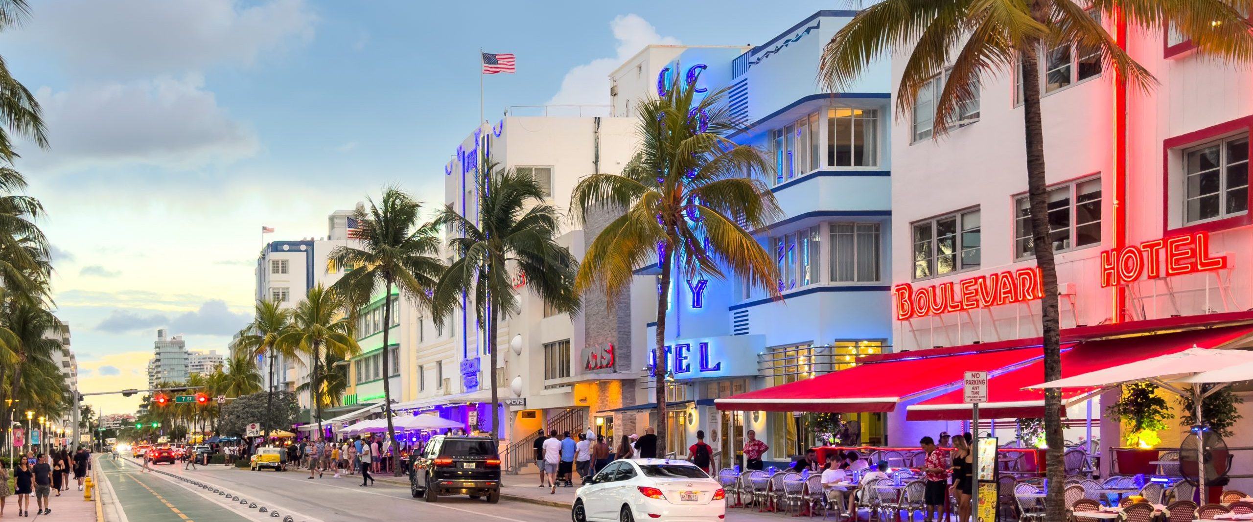 Bright scenic view of buildings on Drive in South Beach.