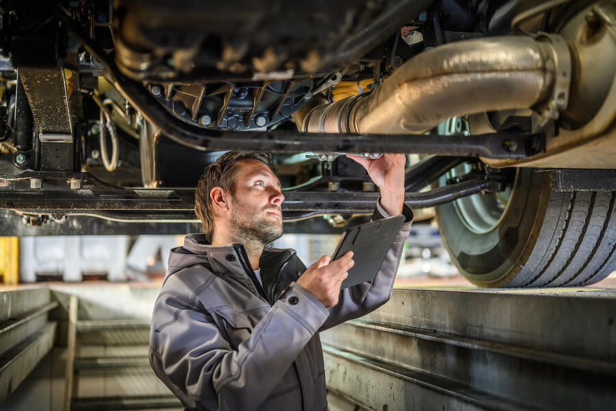 A mechanic assessing a car for repair.