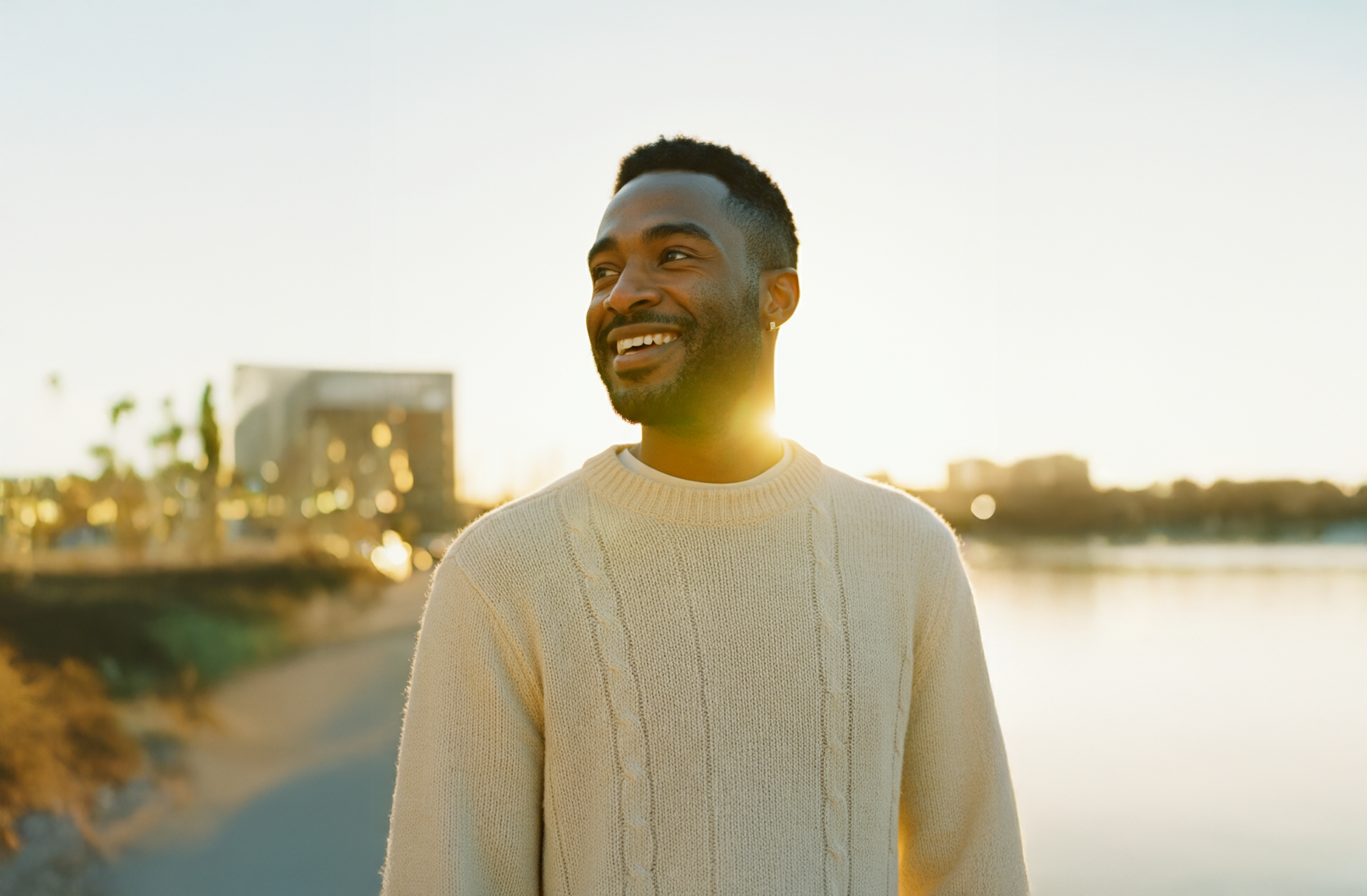 A man standing near the beach smiles in the sunlight.