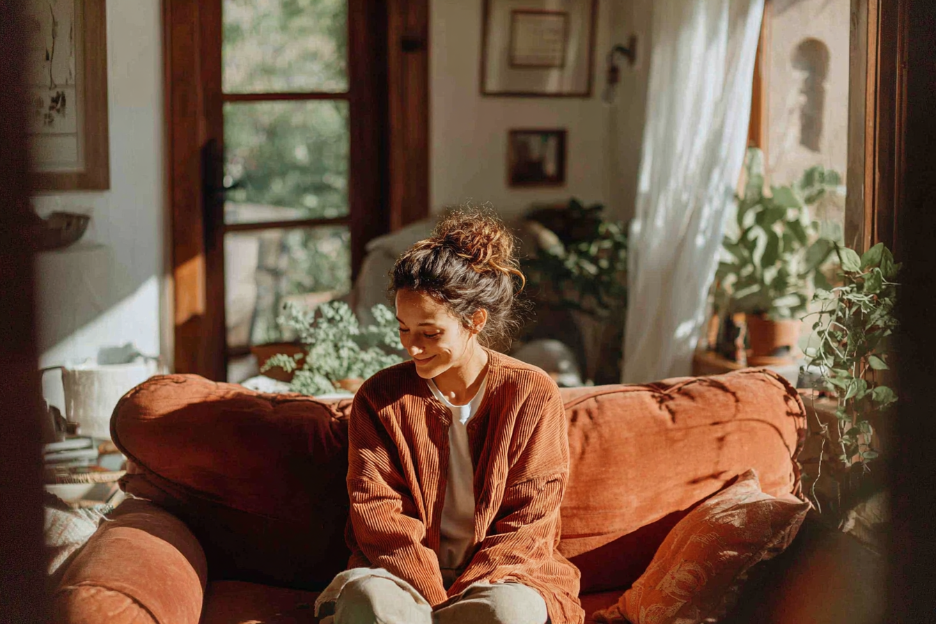 A woman sits in the sun, admiring her couch.
