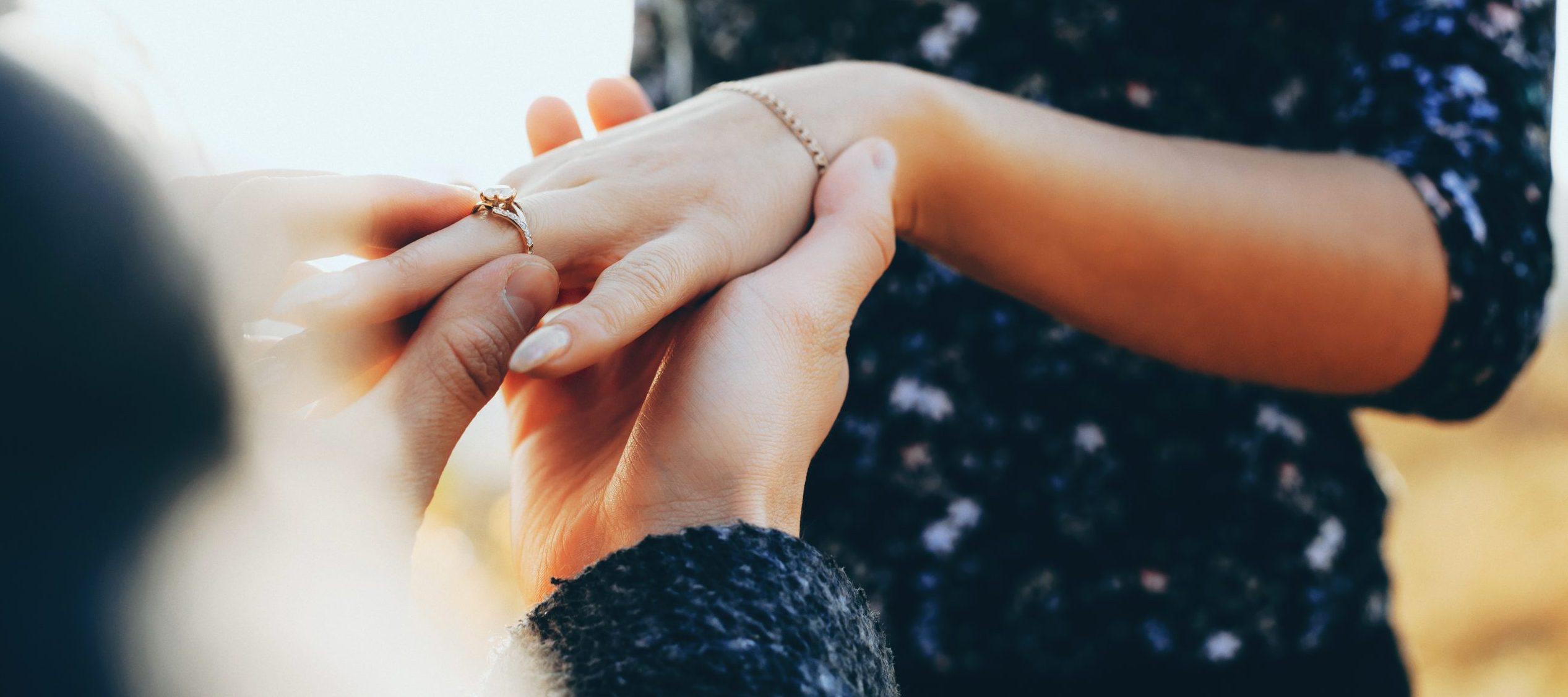 Image of a man putting an engagement ring on a woman’s finger.