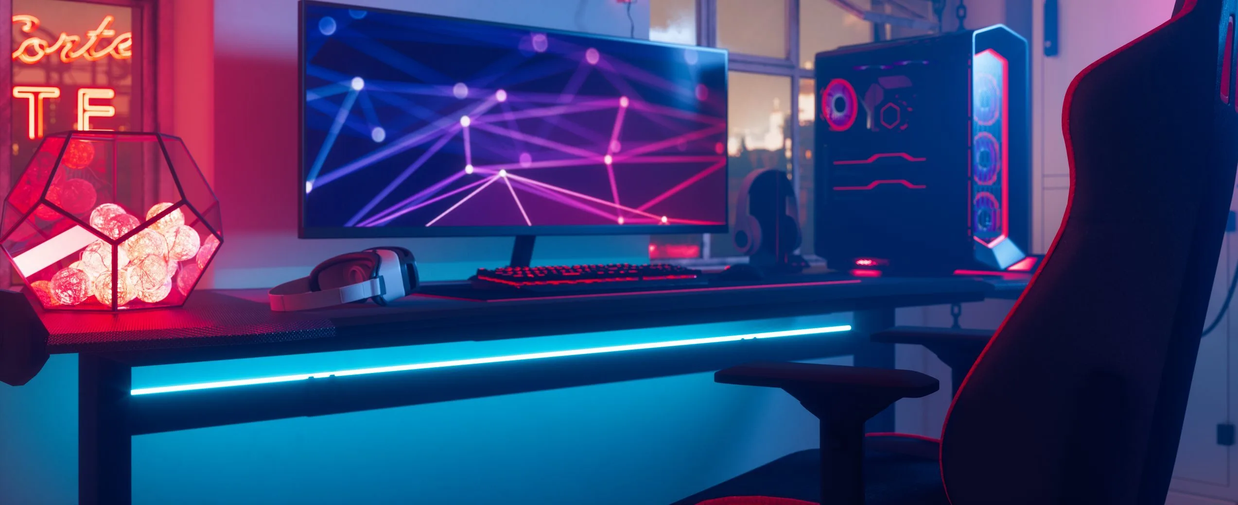 desktop gaming computer and gaming chair hero